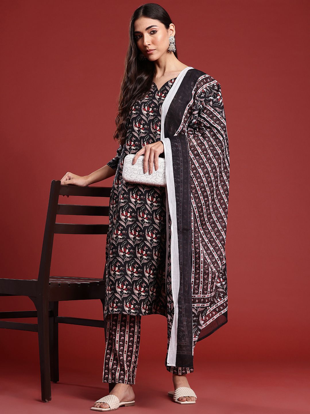 Anouk Ethnic Motifs Printed Pure Cotton Kurta with Trousers & Dupatta
