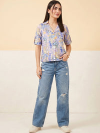 Mamicha Floral Print Roll-Up Sleeves Shirt Style Top