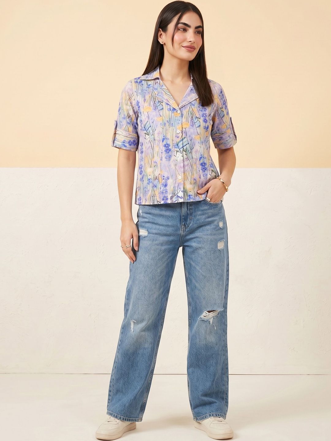 Atasan Gaya Baju Lengan Gulung Cetak Bunga Mamicha