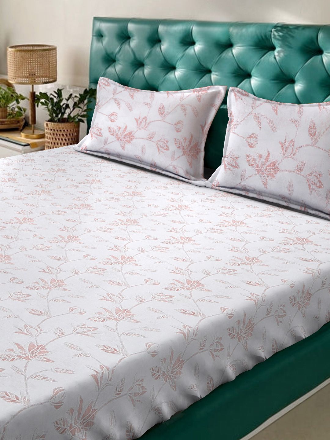 KLOTTHE White Printed Flat 400 TC Pure Cotton Super King Bedsheet With 2 Pillow Covers