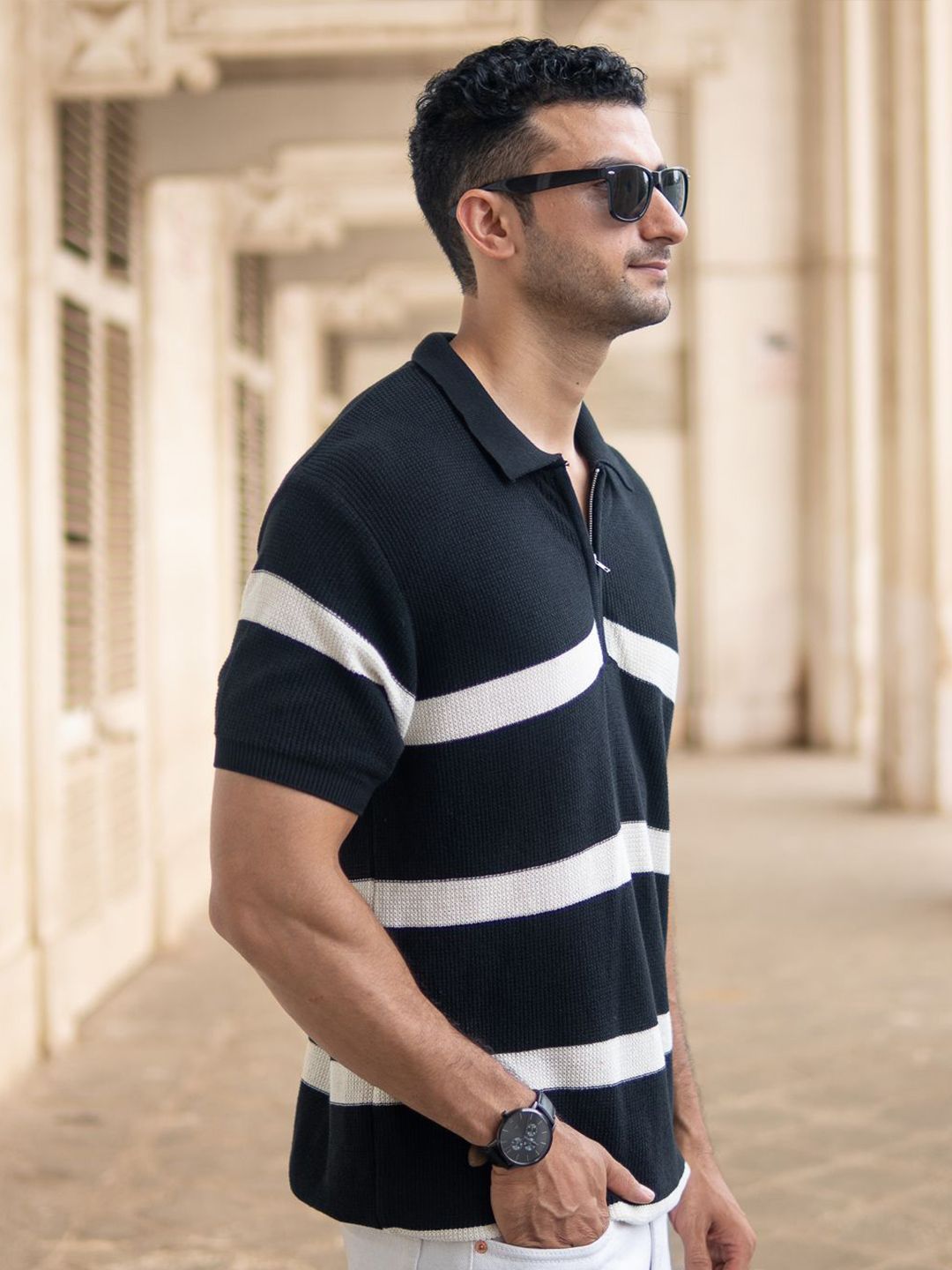 Powerlook Men Black & White Striped Pure Cotton Polo Collar T-shirt