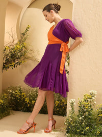 Antheaa Women Colourblocked Layered Chiffon Wrap Dress