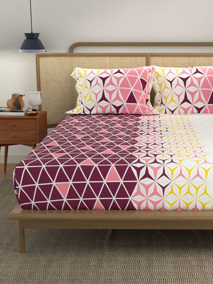 URBAN SPACE Divine Maroon & White Geometric Cotton 144 TC Queen Bedsheet Set