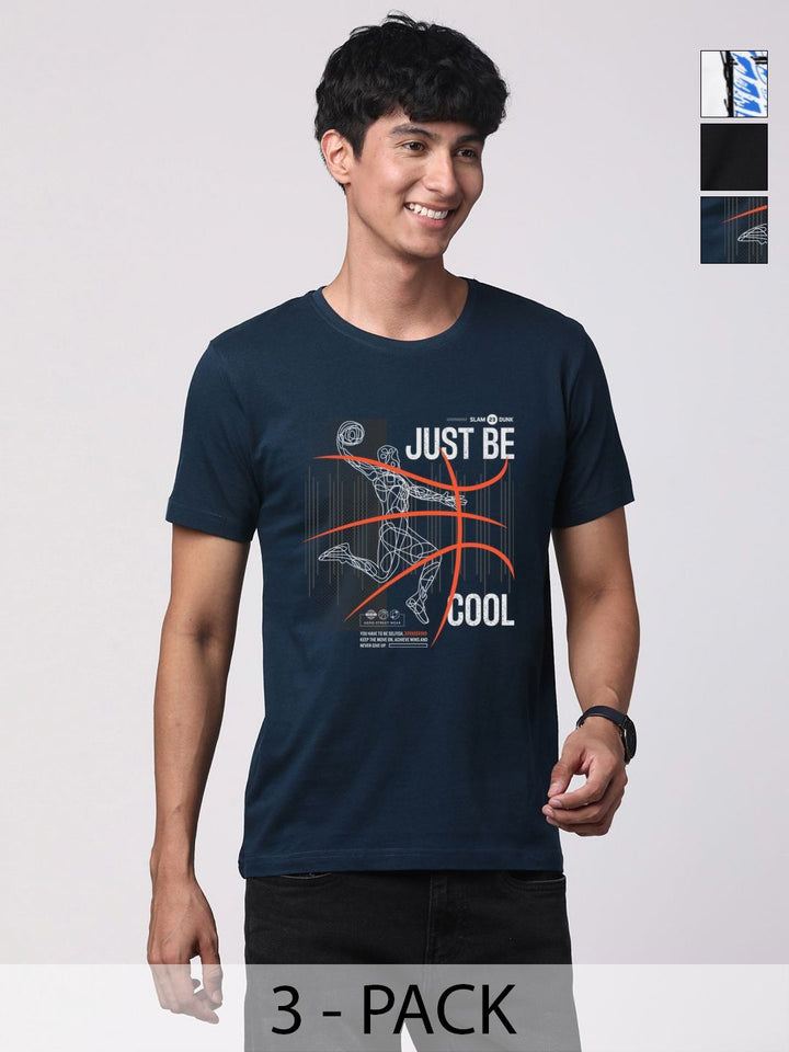 Pek ADRO Lelaki dengan 3 T-shirt Kapas Leher Bulat Bercetak Grafik