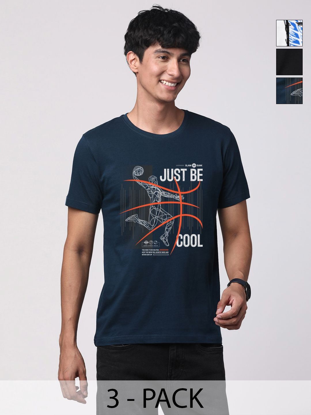 Pek ADRO Lelaki dengan 3 T-shirt Kapas Leher Bulat Bercetak Grafik