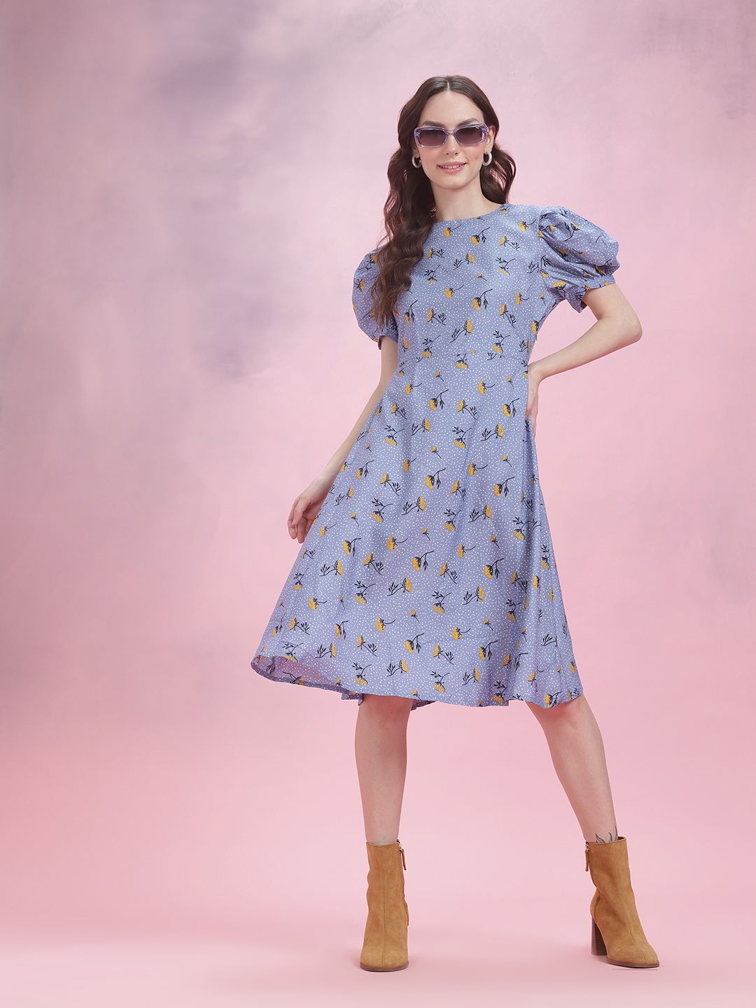 DressBerry Floral Print Puff Sleeve A-Line Dress