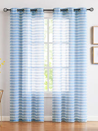 URBAN SPACE Blue & White 2 Pieces Striped Sheer Window Curtains