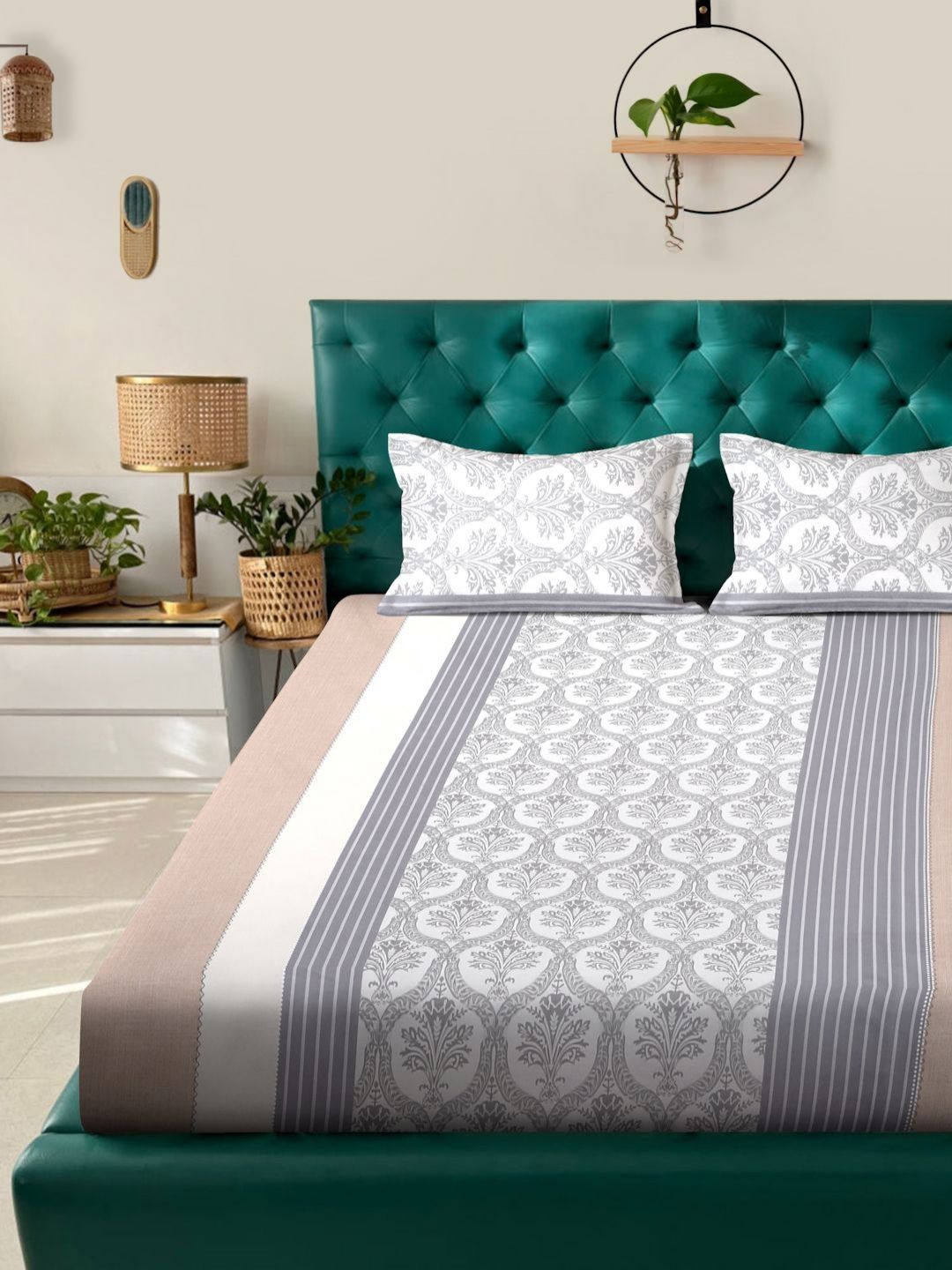 KLOTTHE White Floral Cotton 300 TC King Fine Bedsheet with 2 Pillow Covers-98 x 89 inches