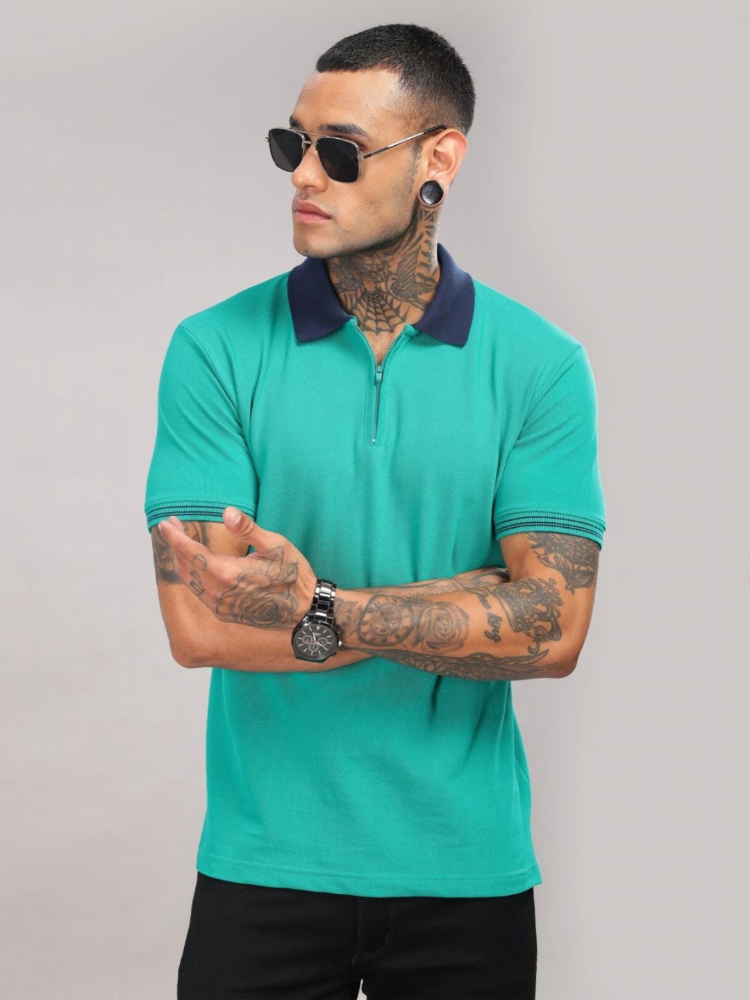 ADRO Men Solid Polo Collar Cotton T-shirt