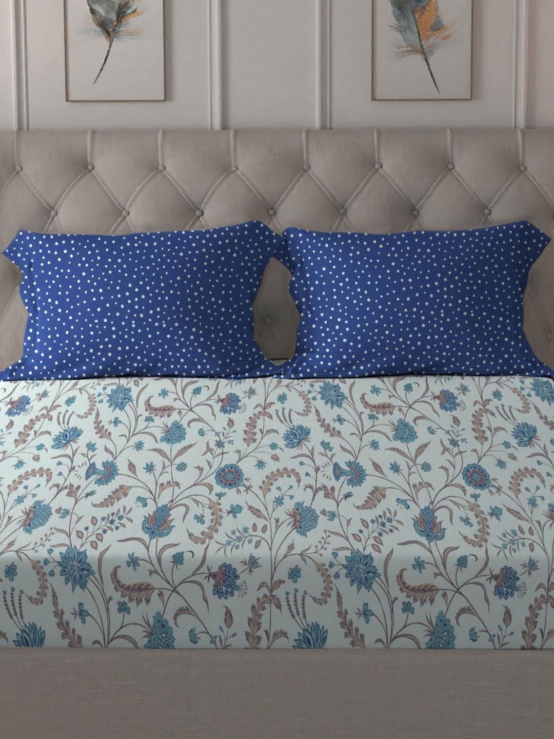 MYTRIDENT Coromandel Blue Dusk & Dawn Flat 144TC Queen Cotton Bedsheet Set