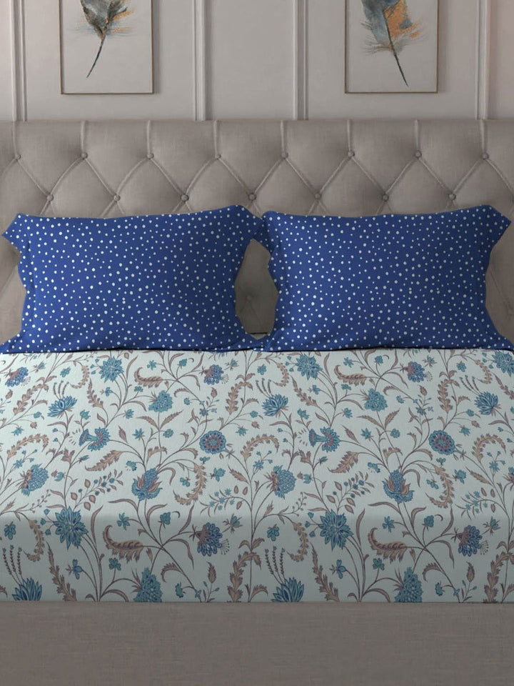 MYTRIDENT Coromandel Blue Dusk & Dawn Flat 144TC Queen Cotton Bedsheet Set