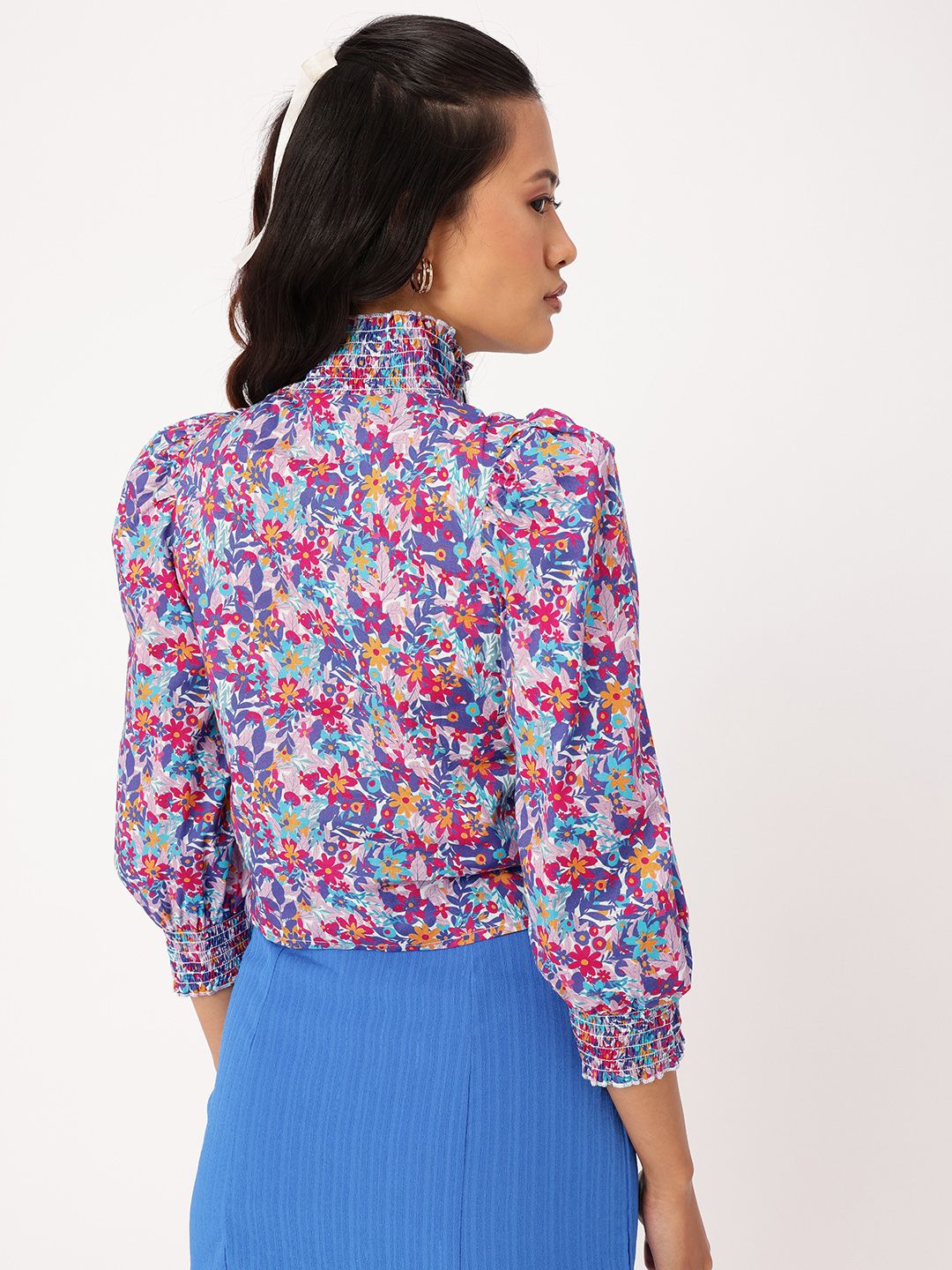 DressBerry Floral Print High Neck Smocked Puffed Shirt Style Top