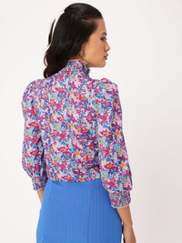 DressBerry Floral Print High Neck Smocked Puffed Shirt Style Top