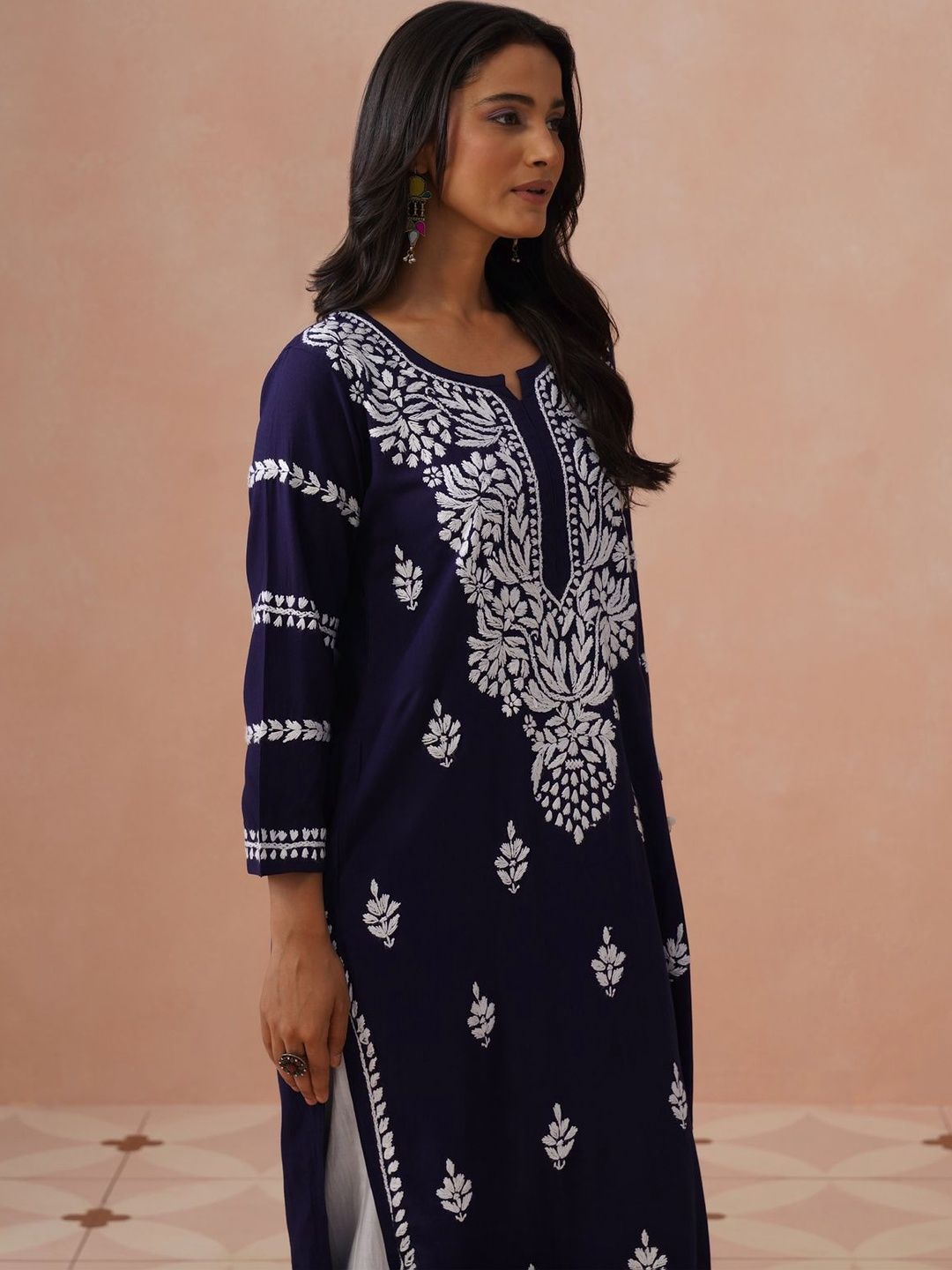 Rumah Wanita Chikankari Motif Etnik Sulam Benang Kerja Cetakan Indie Kurta