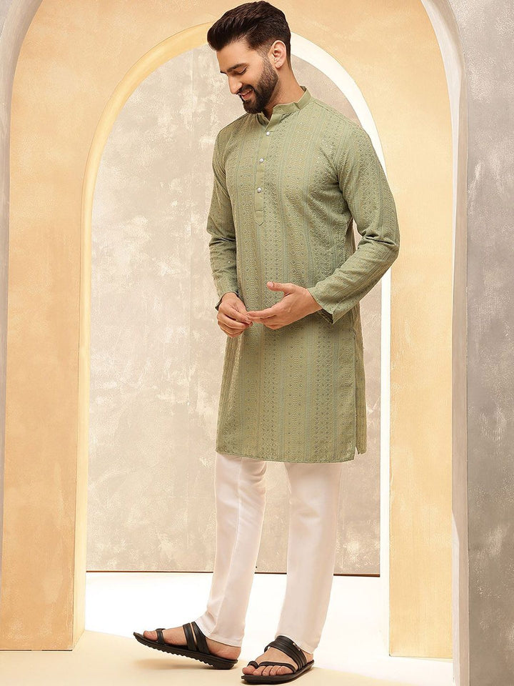 Anouk Green Geometric Sulam Jujukan Jalur Kolar Kurta Lurus