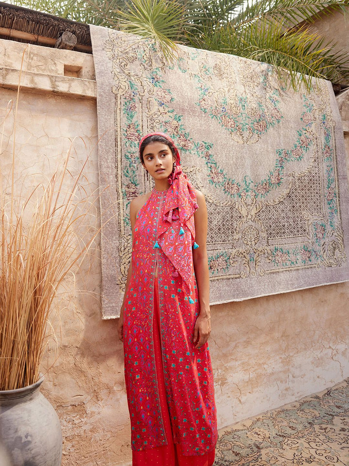 Global Desi Ethnic Motifs Printed Halter Neck Thread Work Kurta with Palazzos