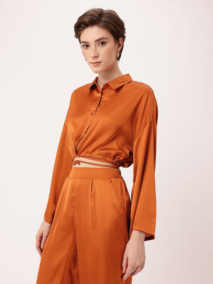 DressBerry Sashay In Satin Modern Glamour Midriff Peek Tie-Up Blouson Shirt Style Crop Top