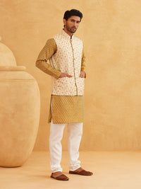 SOJANYA Ethnic Motifs Woven design Band Collar Kurta With Churidar And Nehru Jacket