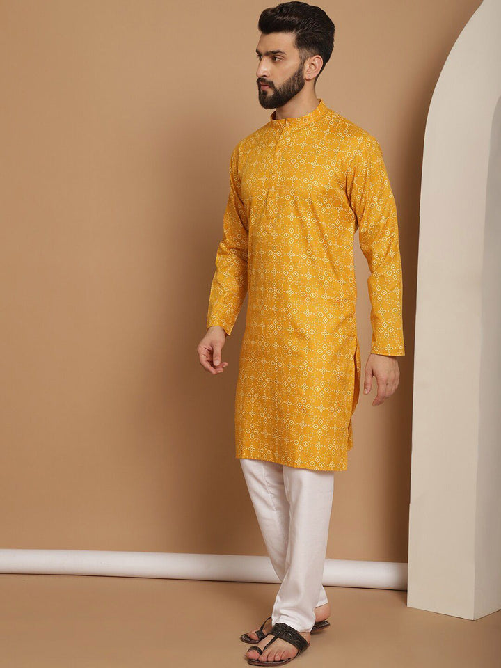 Anouk Mustard Yellow Floral Printed Mandarin Collar Straight Kurta With Churidar