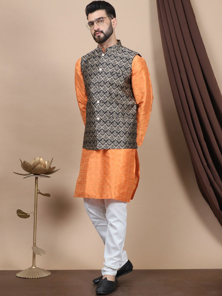 Anouk Geometric Woven Design Regular Straight Kurta With Churidar & Nehru Jacket