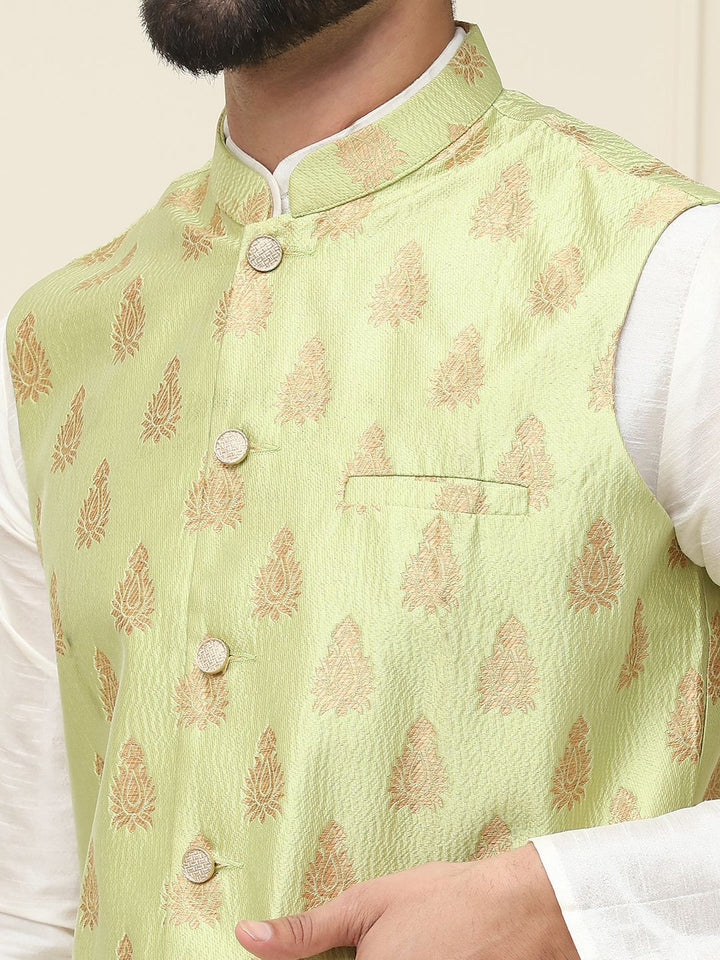 SOJANYA Mandarin Collar Silk Cotton Straight Kurta with Churidar & Nehru jacket