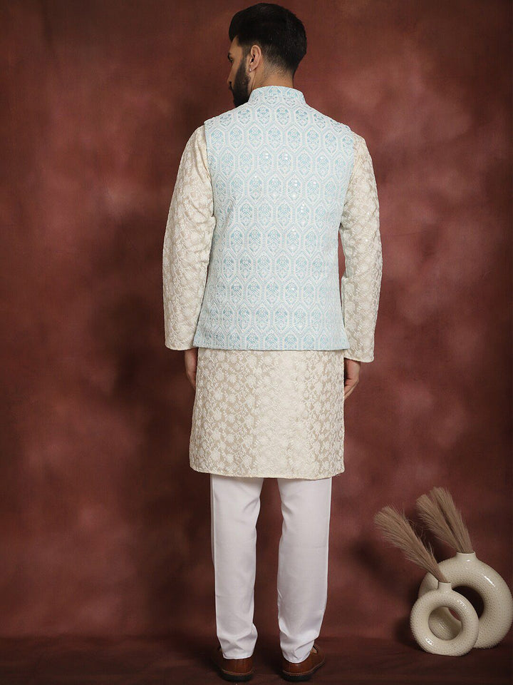 Anouk Floral Embroidered Mandarin Collar Thread Work Kurta & Churidar With Nehru Jacket
