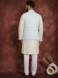 Anouk Floral Embroidered Mandarin Collar Thread Work Kurta & Churidar With Nehru Jacket