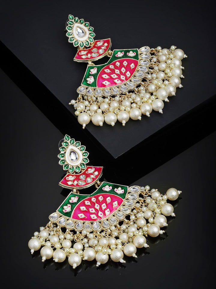 Anouk Pink Emas Saduran Enamel Kundan Batu Bertatah & Subang Jatuh Manik