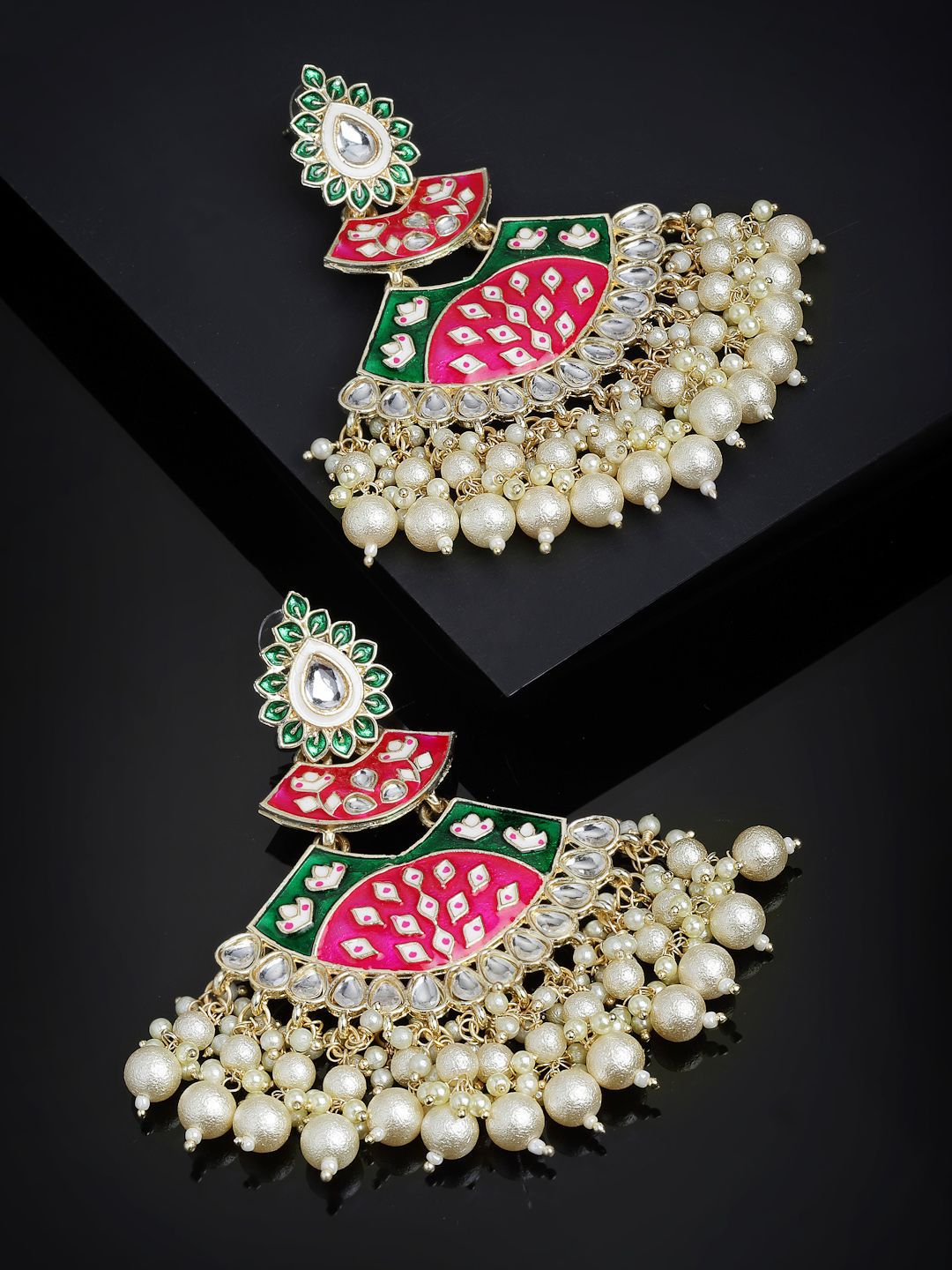 Anouk Pink Emas Saduran Enamel Kundan Batu Bertatah & Subang Jatuh Manik