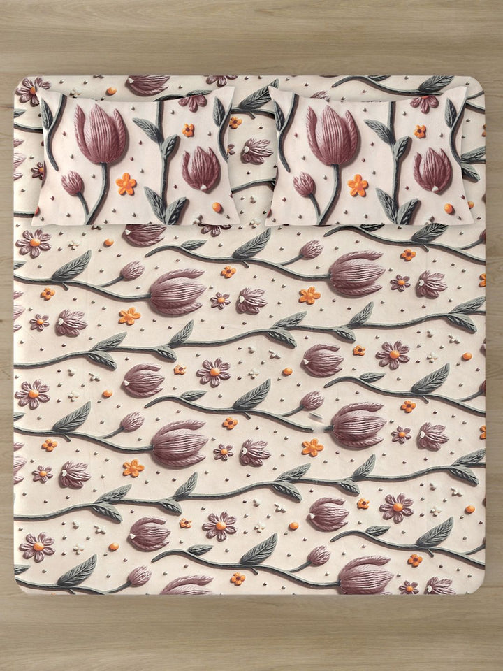 KLOTTHE Cream & Brown Floral Printed Fitted 300 TC King 7D Bedsheet With 2 Pillow Cover