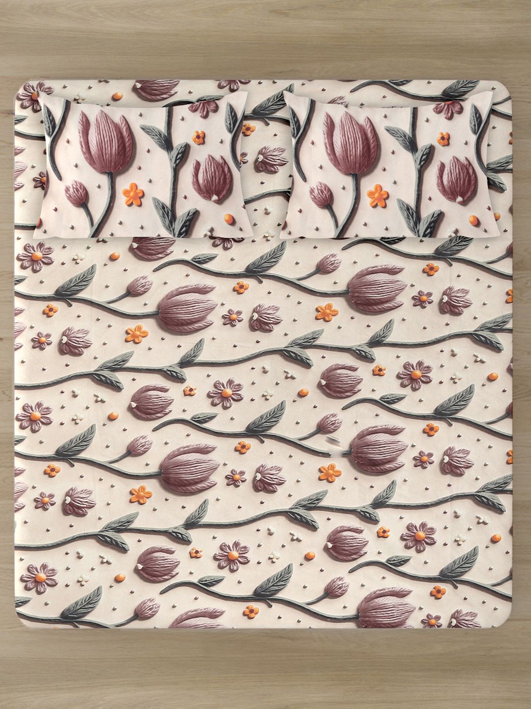 KLOTTHE Cream & Brown Floral Printed Fitted 300 TC King 7D Bedsheet With 2 Pillow Cover