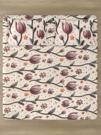 KLOTTHE Cream & Brown Floral Printed Fitted 300 TC King 7D Bedsheet With 2 Pillow Cover