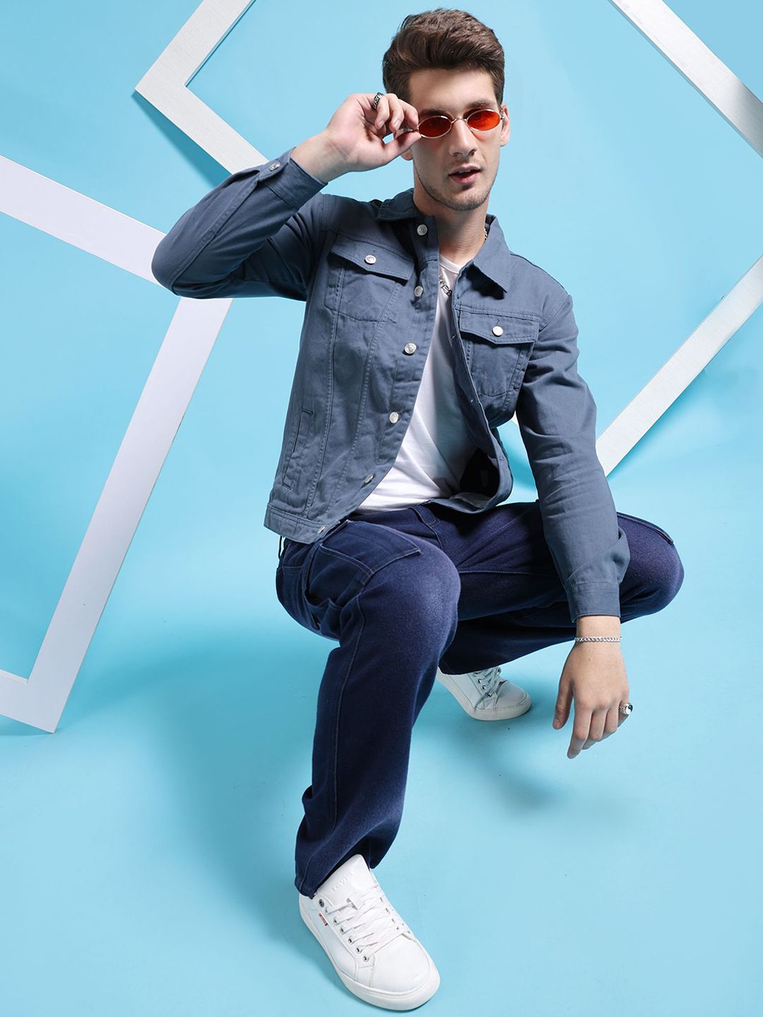 The Indian Garage Co Men Slim Fit Denim Trucker Jacket with Double Flap Pockets