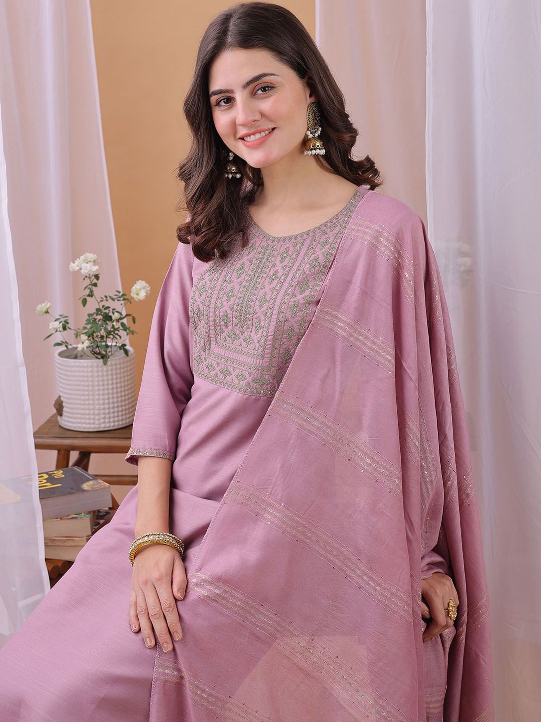KALINI Yoke Design Zari Work Straight Kurta With Trouser And Dupatta