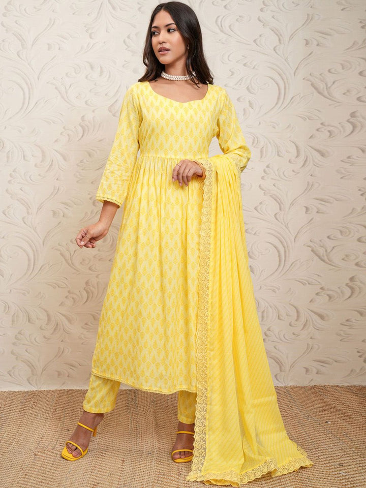 Vishudh yellow Ethnic Motifs Printed Anarkali Gathered Kurta With Trousers & Dupatta
