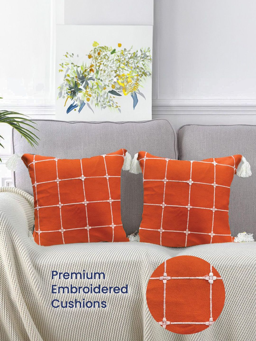 URBAN SPACE Orange & White 2 Pieces Embroidered Square Cushion Covers