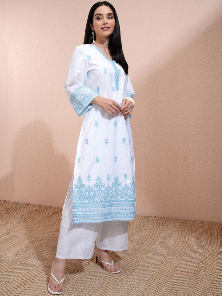 Vishudh White Floral Embroidered V-Neck Three-Quarter Sleeves Regular Straight Kurta