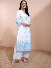 Vishudh White Floral Embroidered V-Neck Three-Quarter Sleeves Regular Straight Kurta