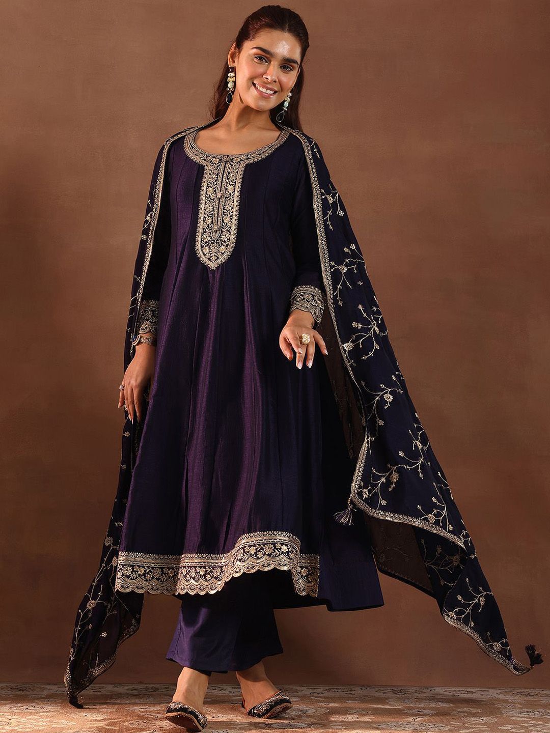 Libas Womens Purple Embroidered Anarkali Kurta With Trousers & Dupatta