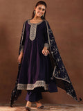 Libas Womens Purple Embroidered Anarkali Kurta With Trousers & Dupatta