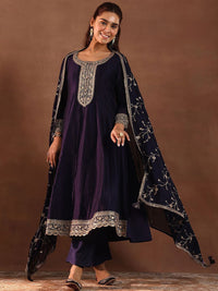 Libas Womens Purple Embroidered Anarkali Kurta With Trousers & Dupatta