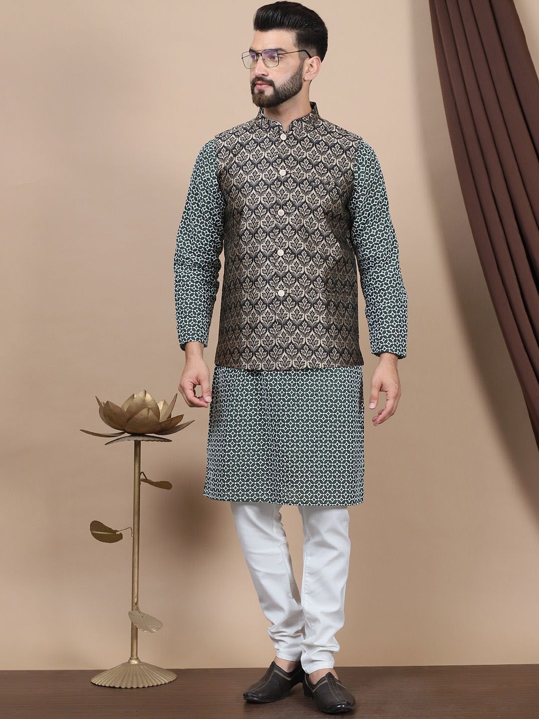 Anouk Embroidered Regular Pure Cotton Straight Kurta With Churidar & Nehru Jacket
