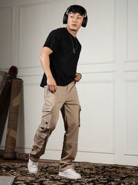 Eszett Men Cream High-Rise Easy Wash Cotton Cargos Seluar Biasa Fit