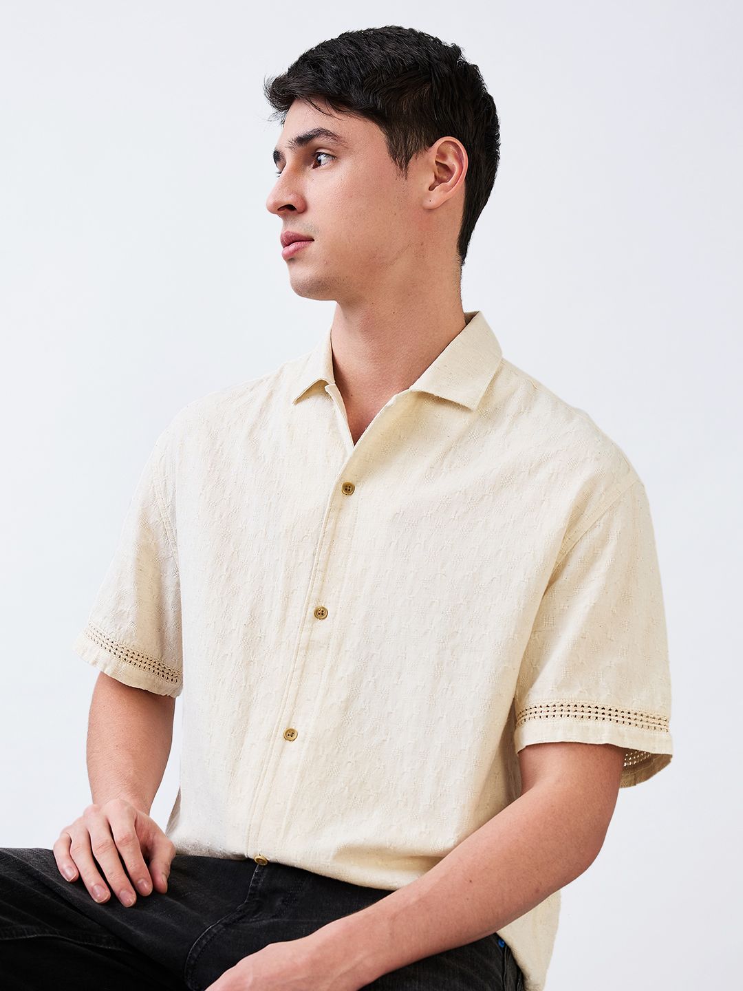 SPYKAR Men Relaxed Fit Cuban Collar Textured Cotton Casual Shirt