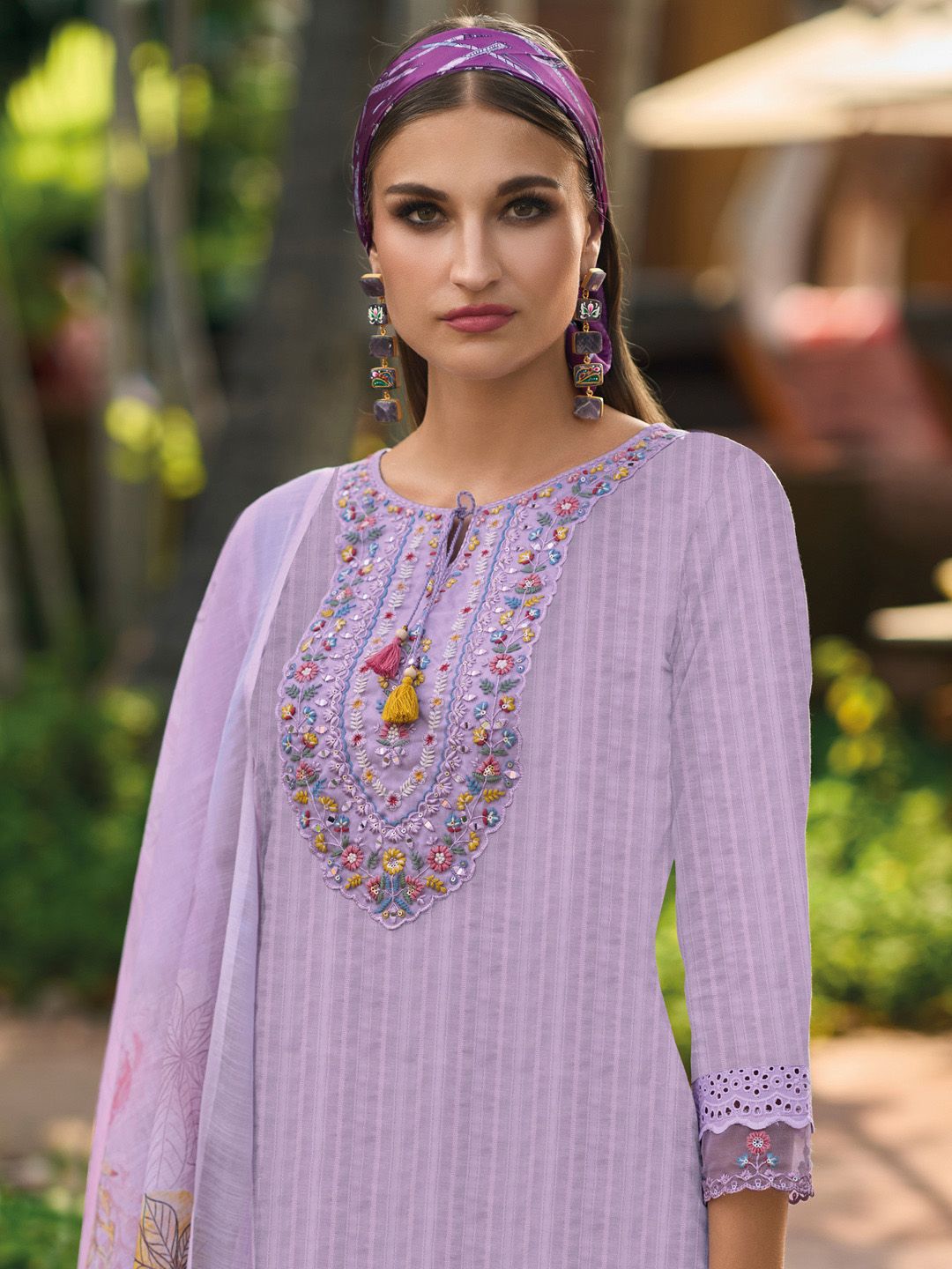 Indo Era Lavender Floral Embroidered Tie Up Neck Pure Cotton Kurta with Trousers & Dupatta