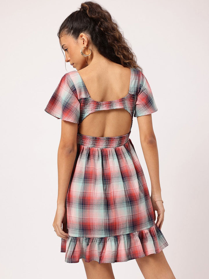 DressBerry Flirty Finesse Checked Cut-Out Smocked Flutter Sleeve Mini Dress
