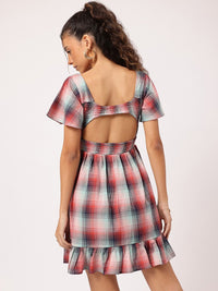 DressBerry Flirty Finesse Checked Cut-Out Smocked Flutter Sleeve Mini Dress