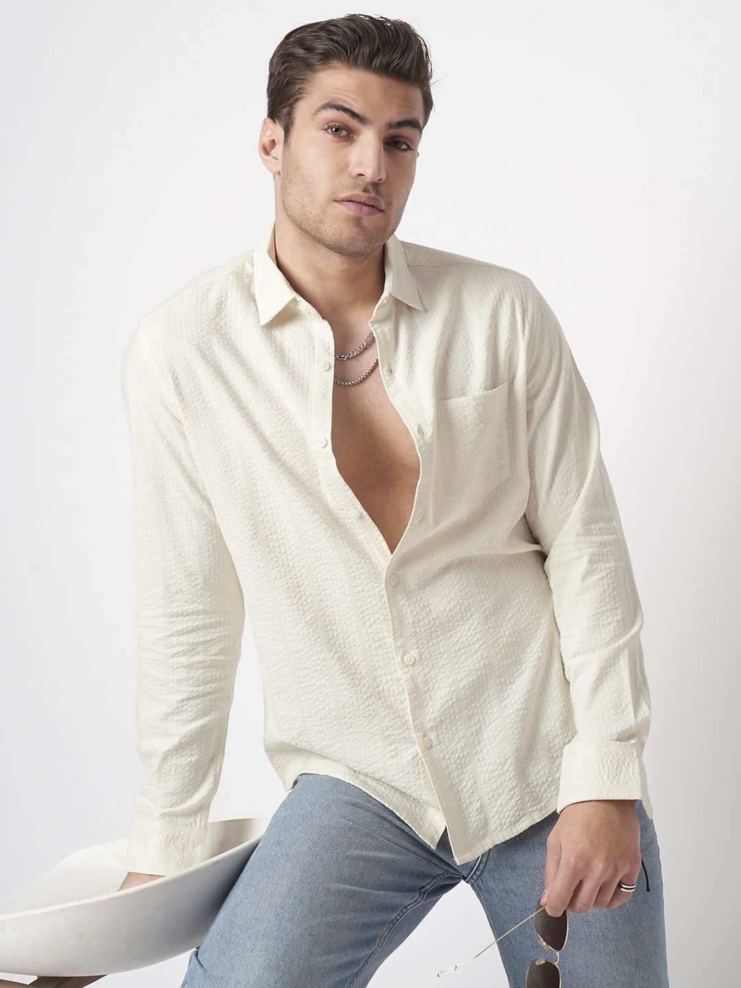VASTRADO Men Spread Collar Textured Cotton Casual Shirt