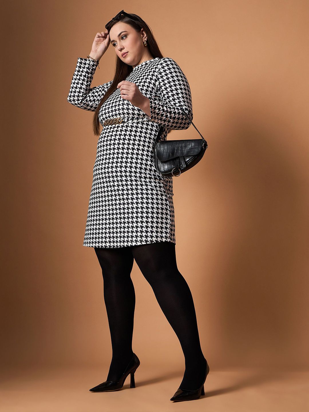 SASSAFRAS Curve Embellished Checked Sheath Dress
