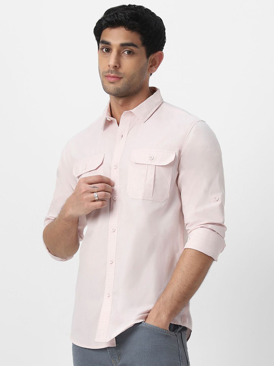 Urbano Fashion Men Spread Collar Solid Cotton Casual Shirt